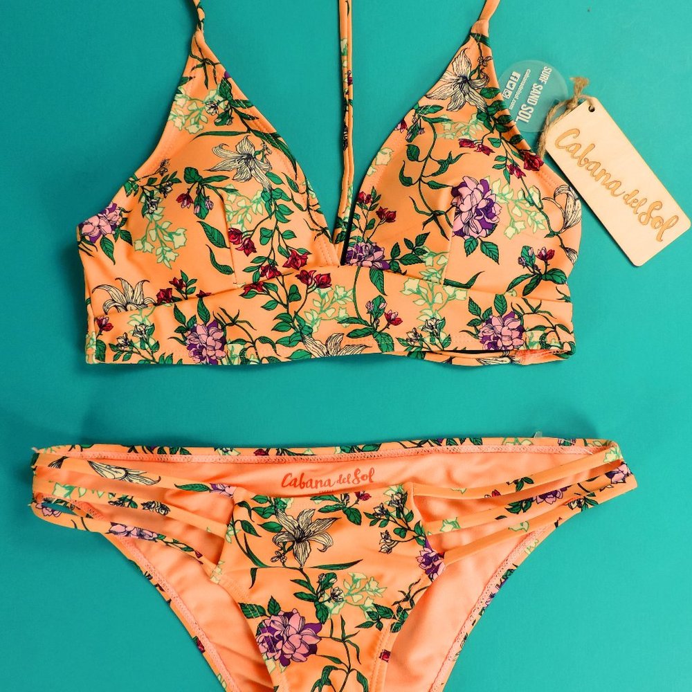 Cabana del Sol Bikini Floral Peach 2 Pc Bikini Small NWOT